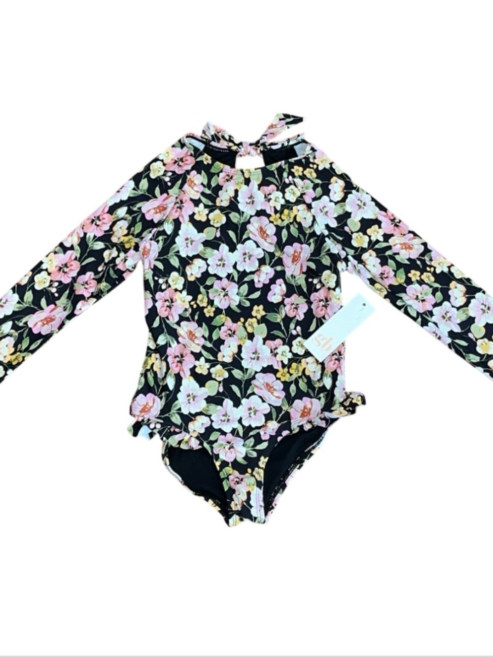 GB Girls Long Sleeve Black Floral Swim Suit Ruffle Keyhole Tie NWT 6